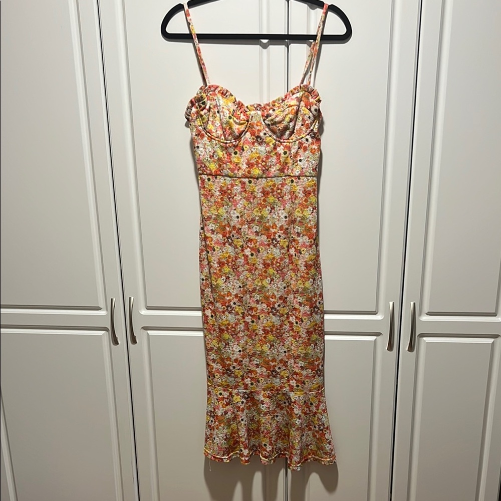Hutch Cream and Pink Bustier Midi Dress for Wedding Guest